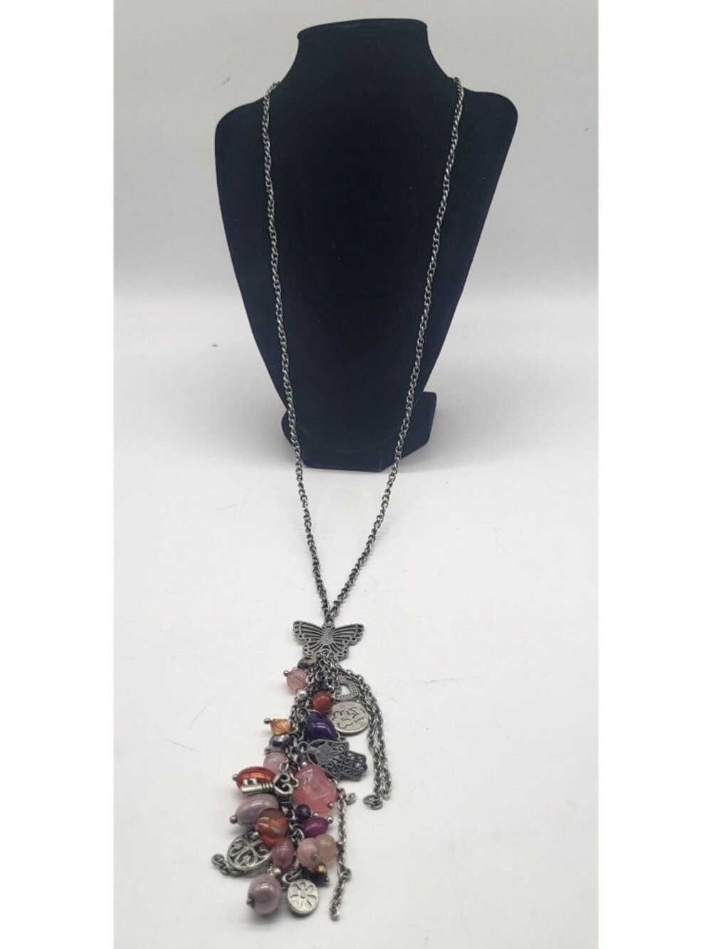 Fairy Whimsical Boho Silver Tone Dangle Charm Necklace Butterfly Hamsa Peace - Picture 2 of 8